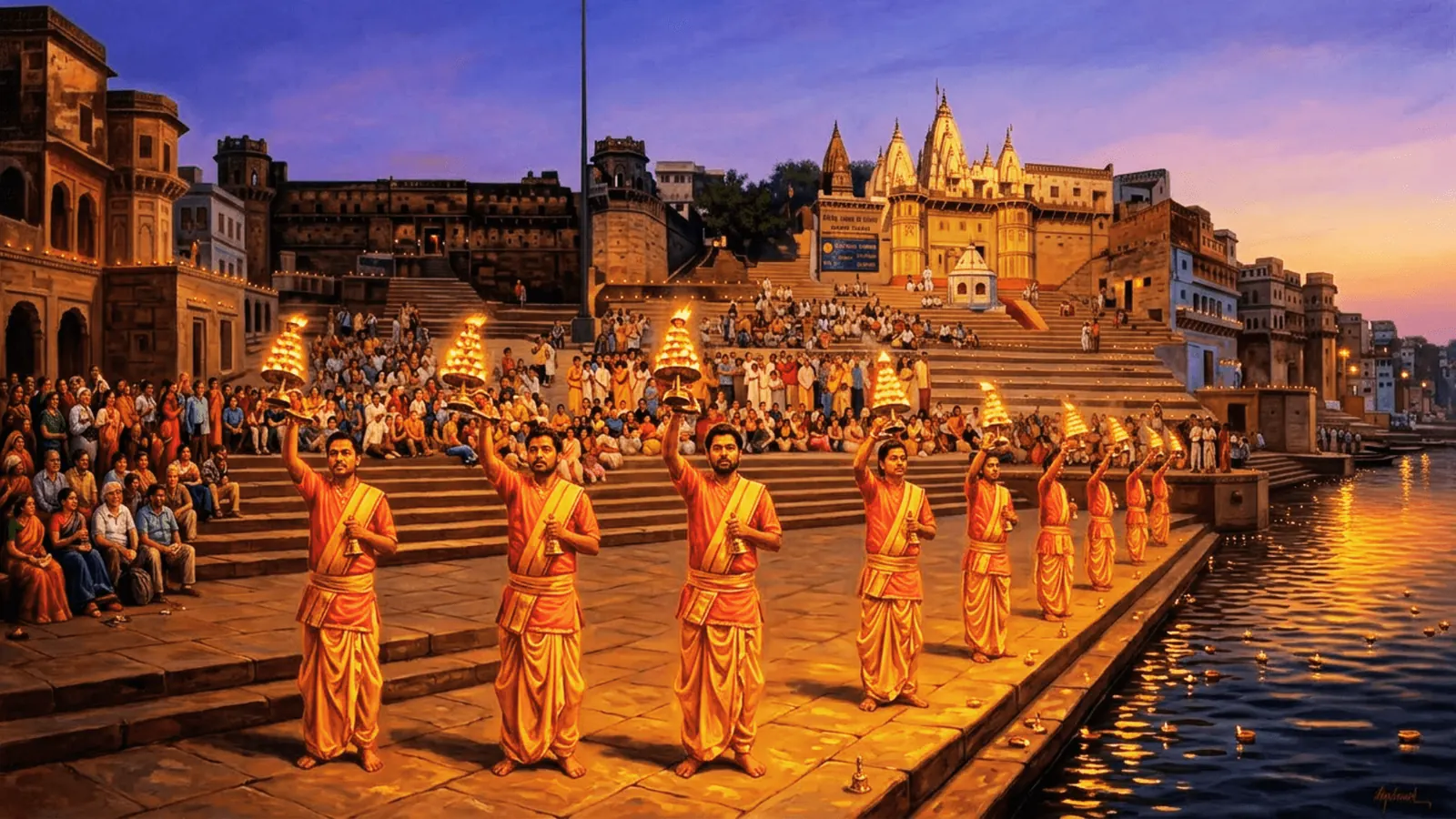 Shivala Ghat Aarti at sunset, Varanasi